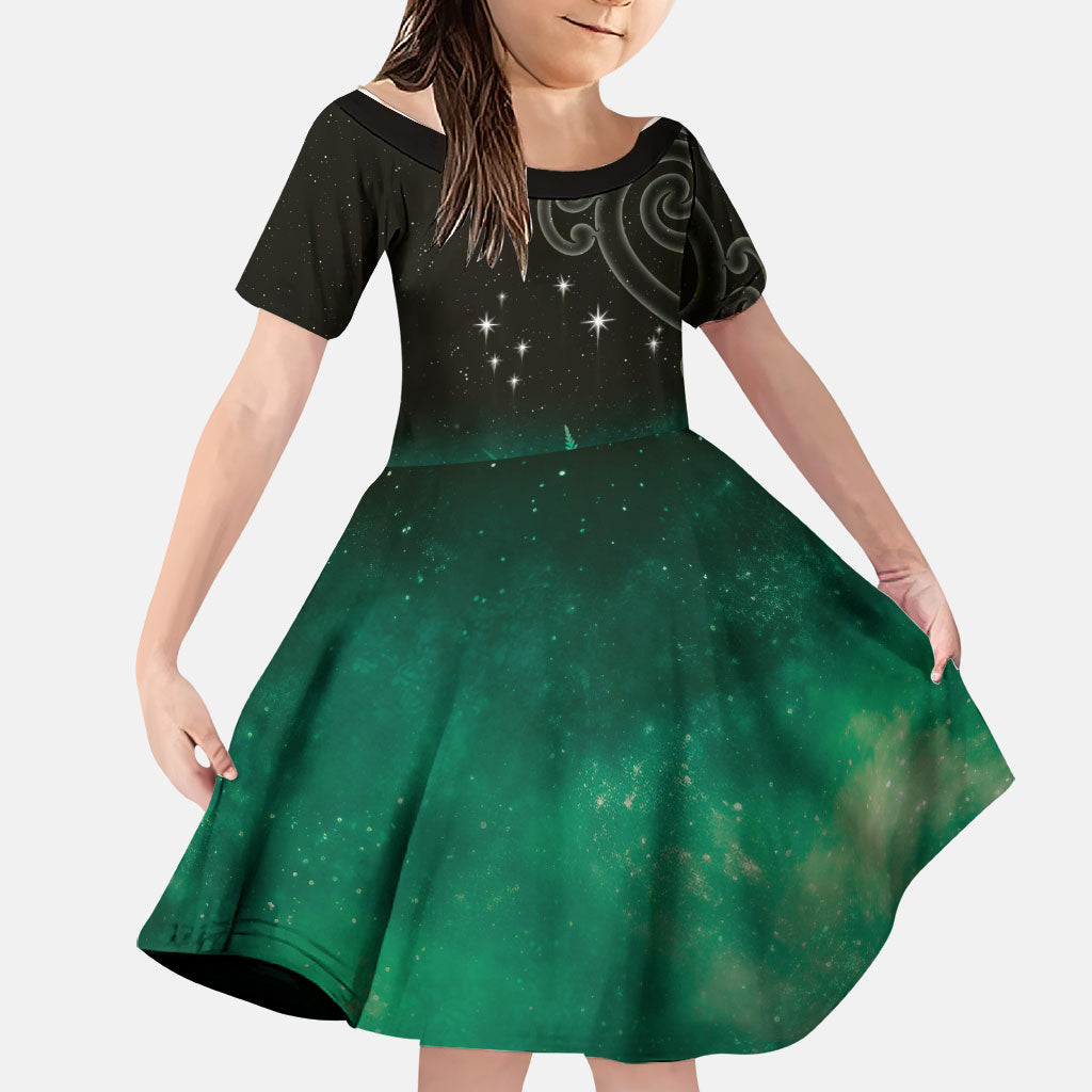 New Zealand Matariki Family Matching Long Sleeve Bodycon Dress and Hawaiian Shirt Pleiades Star Cluster Green Galaxy LT05 Daughter's Dress Green - Polynesian Pride