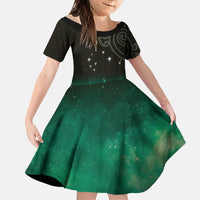 New Zealand Matariki Family Matching Long Sleeve Bodycon Dress and Hawaiian Shirt Pleiades Star Cluster Green Galaxy LT05 Daughter's Dress Green - Polynesian Pride