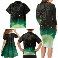 New Zealand Matariki Family Matching Long Sleeve Bodycon Dress and Hawaiian Shirt Pleiades Star Cluster Green Galaxy LT05 - Polynesian Pride