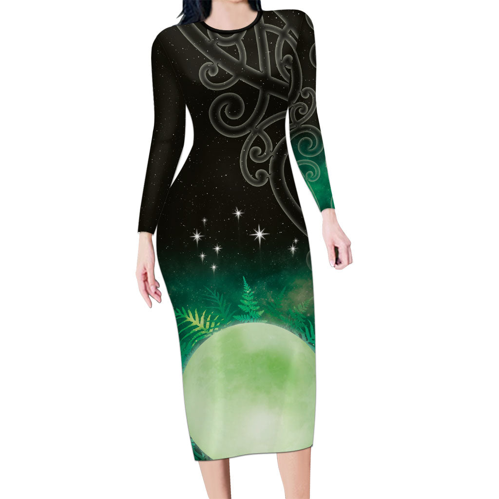 New Zealand Matariki Family Matching Long Sleeve Bodycon Dress and Hawaiian Shirt Pleiades Star Cluster Green Galaxy LT05 Mom's Dress Green - Polynesian Pride