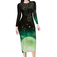 New Zealand Matariki Family Matching Long Sleeve Bodycon Dress and Hawaiian Shirt Pleiades Star Cluster Green Galaxy LT05 Mom's Dress Green - Polynesian Pride