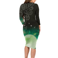 New Zealand Matariki Family Matching Long Sleeve Bodycon Dress and Hawaiian Shirt Pleiades Star Cluster Green Galaxy LT05 - Polynesian Pride