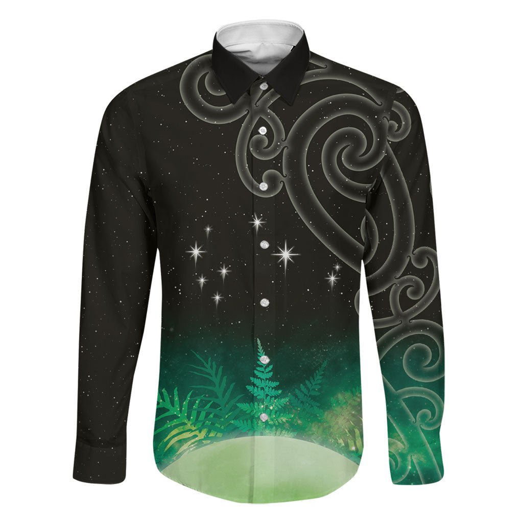 New Zealand Matariki Family Matching Mermaid Dress and Hawaiian Shirt Pleiades Star Cluster Green Galaxy LT05 Dad's Shirt - Long Sleeve Green - Polynesian Pride