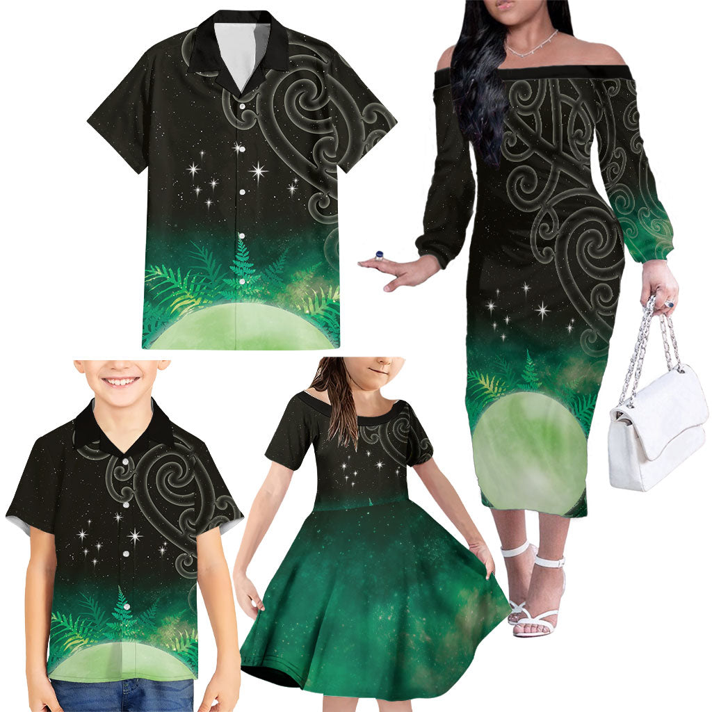 New Zealand Matariki Family Matching Off The Shoulder Long Sleeve Dress and Hawaiian Shirt Pleiades Star Cluster Green Galaxy