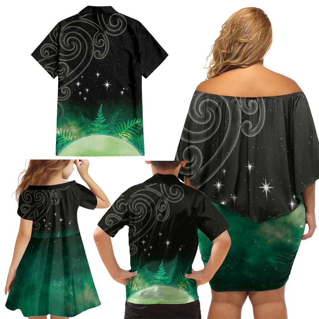 New Zealand Matariki Family Matching Off Shoulder Short Dress and Hawaiian Shirt Pleiades Star Cluster Green Galaxy