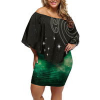 New Zealand Matariki Family Matching Off Shoulder Short Dress and Hawaiian Shirt Pleiades Star Cluster Green Galaxy