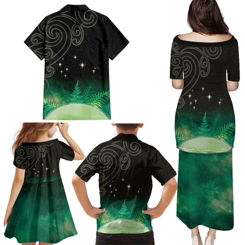 New Zealand Matariki Family Matching Puletasi and Hawaiian Shirt Pleiades Star Cluster Green Galaxy