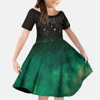New Zealand Matariki Family Matching Short Sleeve Bodycon Dress and Hawaiian Shirt Pleiades Star Cluster Green Galaxy LT05 Daughter's Dress Green - Polynesian Pride