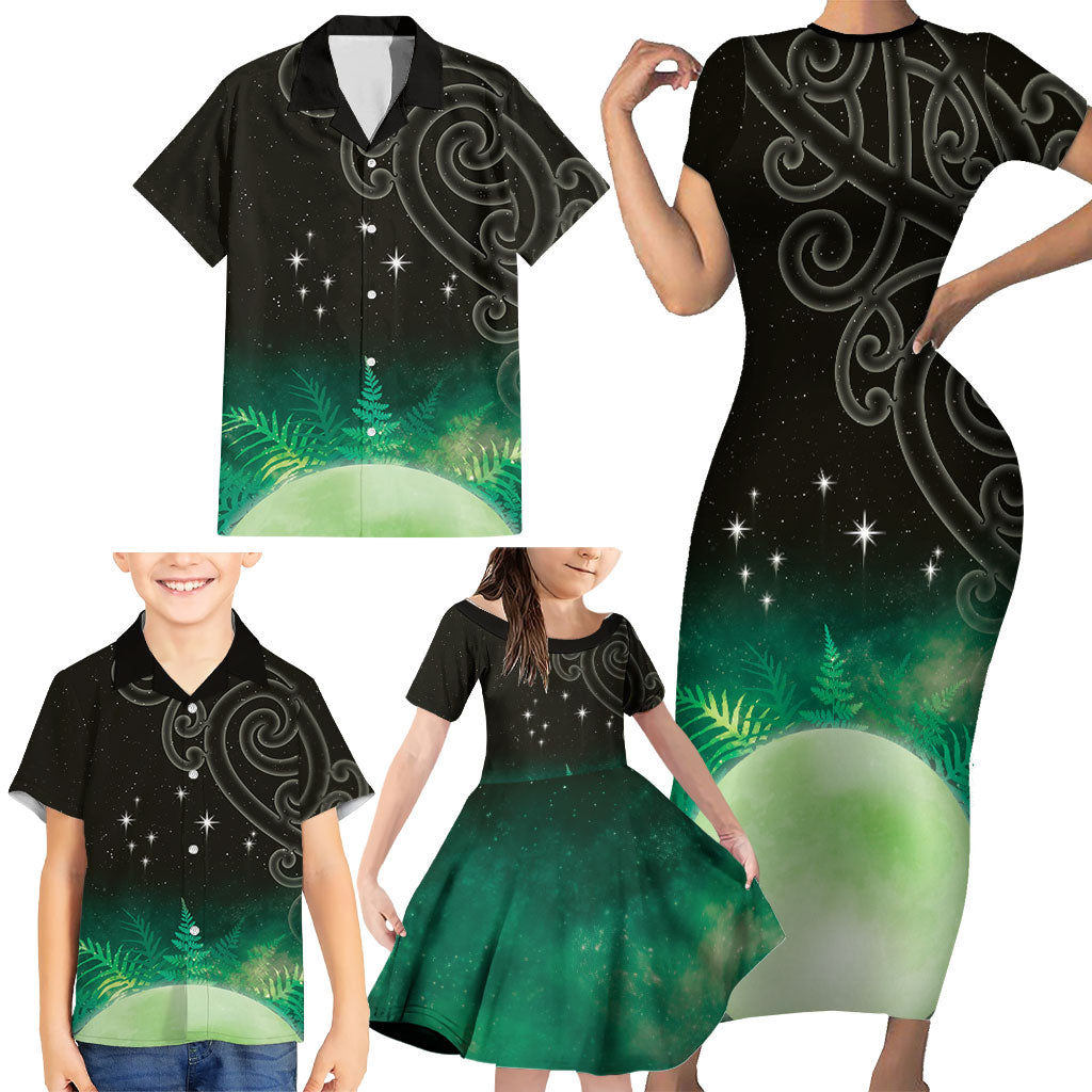 New Zealand Matariki Family Matching Short Sleeve Bodycon Dress and Hawaiian Shirt Pleiades Star Cluster Green Galaxy LT05 - Polynesian Pride