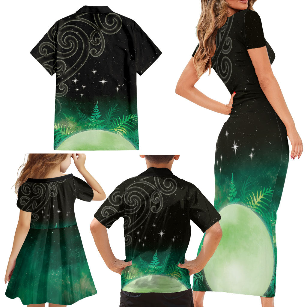 New Zealand Matariki Family Matching Short Sleeve Bodycon Dress and Hawaiian Shirt Pleiades Star Cluster Green Galaxy LT05 - Polynesian Pride