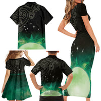 New Zealand Matariki Family Matching Short Sleeve Bodycon Dress and Hawaiian Shirt Pleiades Star Cluster Green Galaxy LT05 - Polynesian Pride