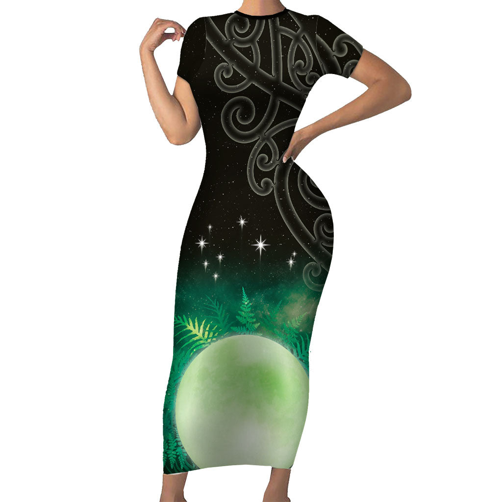 New Zealand Matariki Family Matching Short Sleeve Bodycon Dress and Hawaiian Shirt Pleiades Star Cluster Green Galaxy LT05 Mom's Dress Green - Polynesian Pride