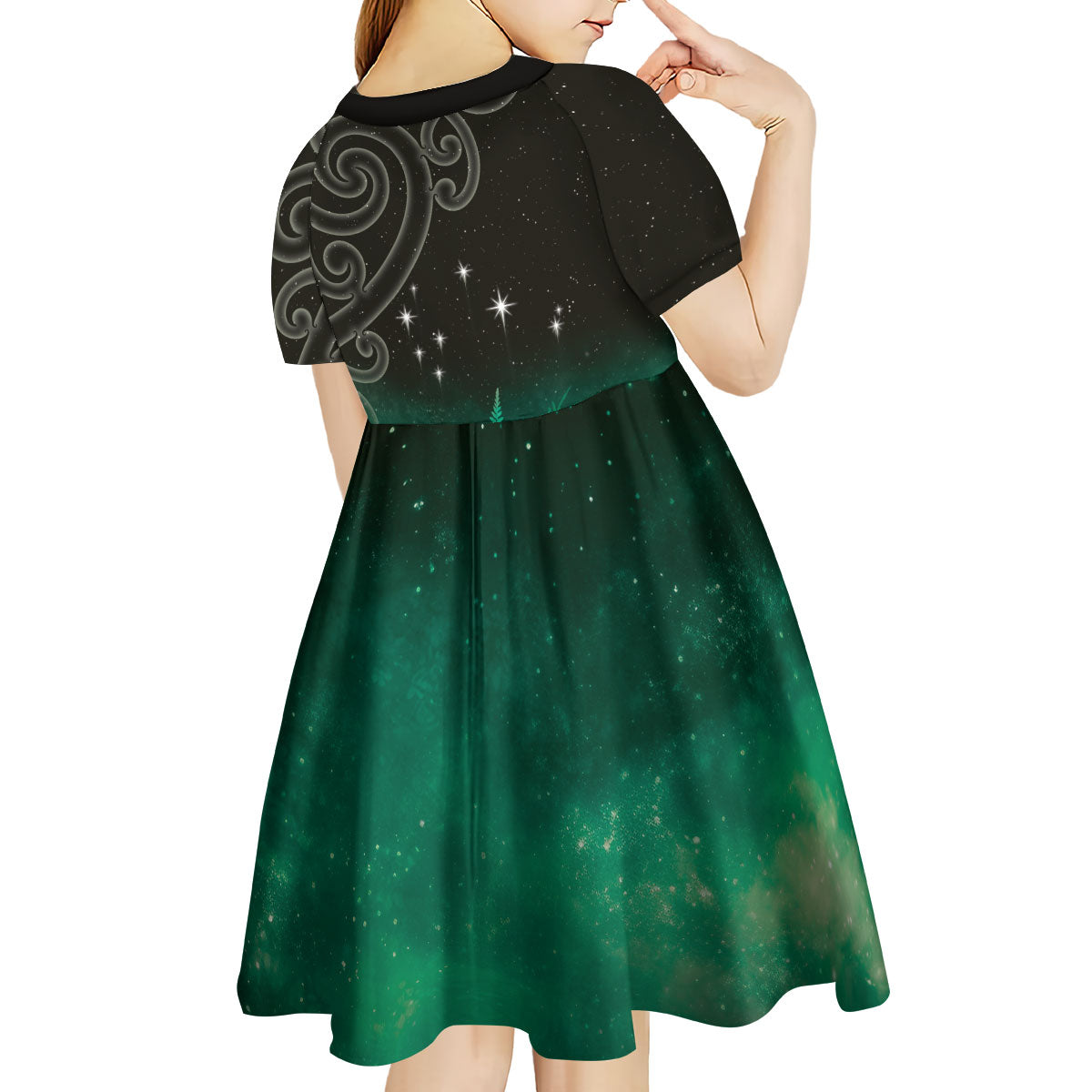 New Zealand Matariki Kid Short Sleeve Dress Pleiades Star Cluster Green Galaxy