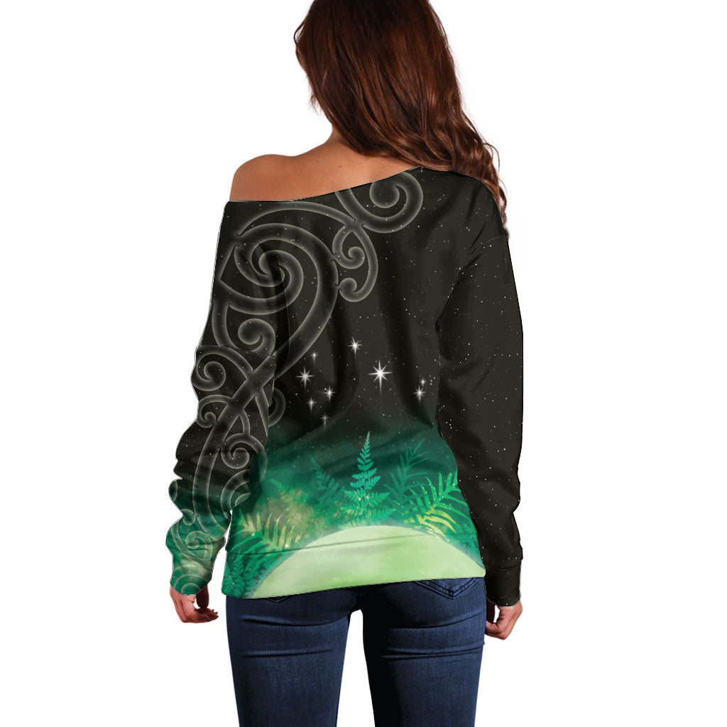 New Zealand Matariki Off Shoulder Sweater Pleiades Star Cluster Green Galaxy