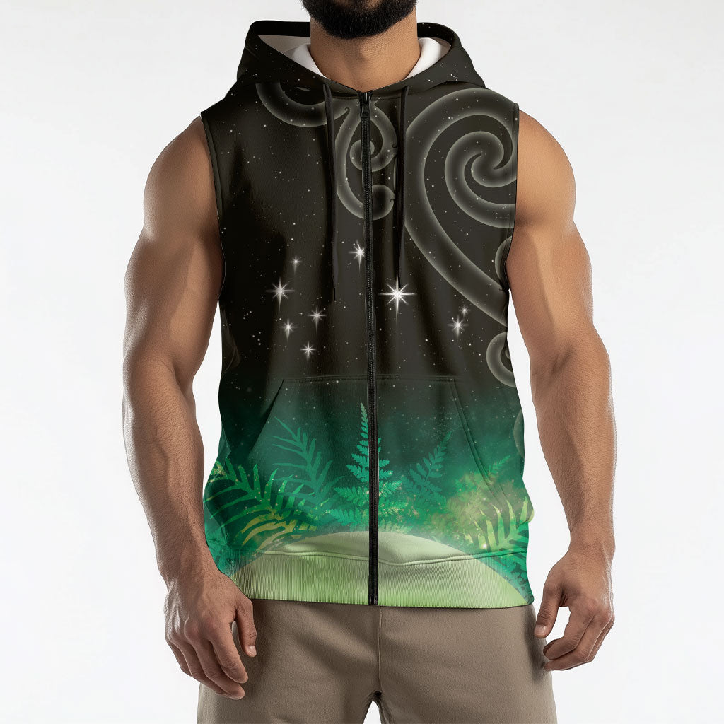 New Zealand Matariki Sleeveless Zip Hoodie Pleiades Star Cluster Green Galaxy