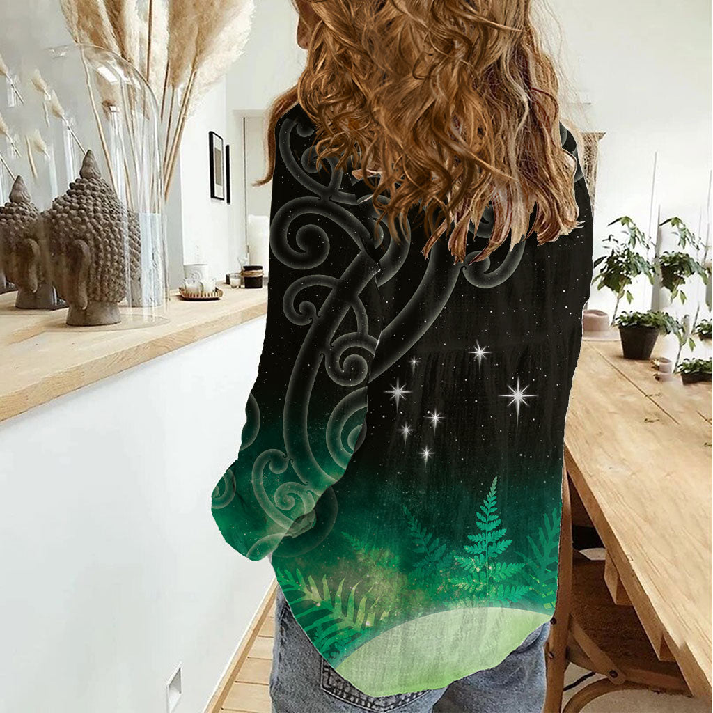 New Zealand Matariki Women Casual Shirt Pleiades Star Cluster Green Galaxy