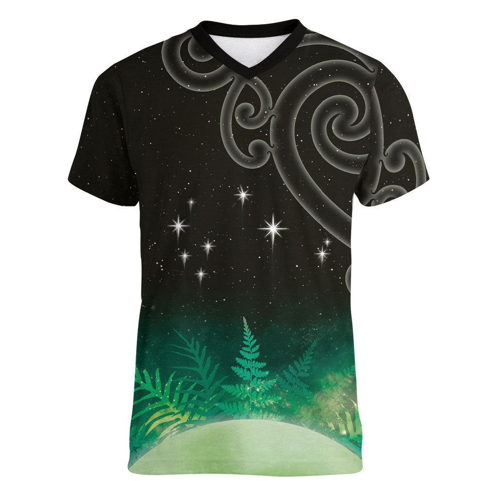New Zealand Matariki Women V-Neck T-Shirt Pleiades Star Cluster Green Galaxy
