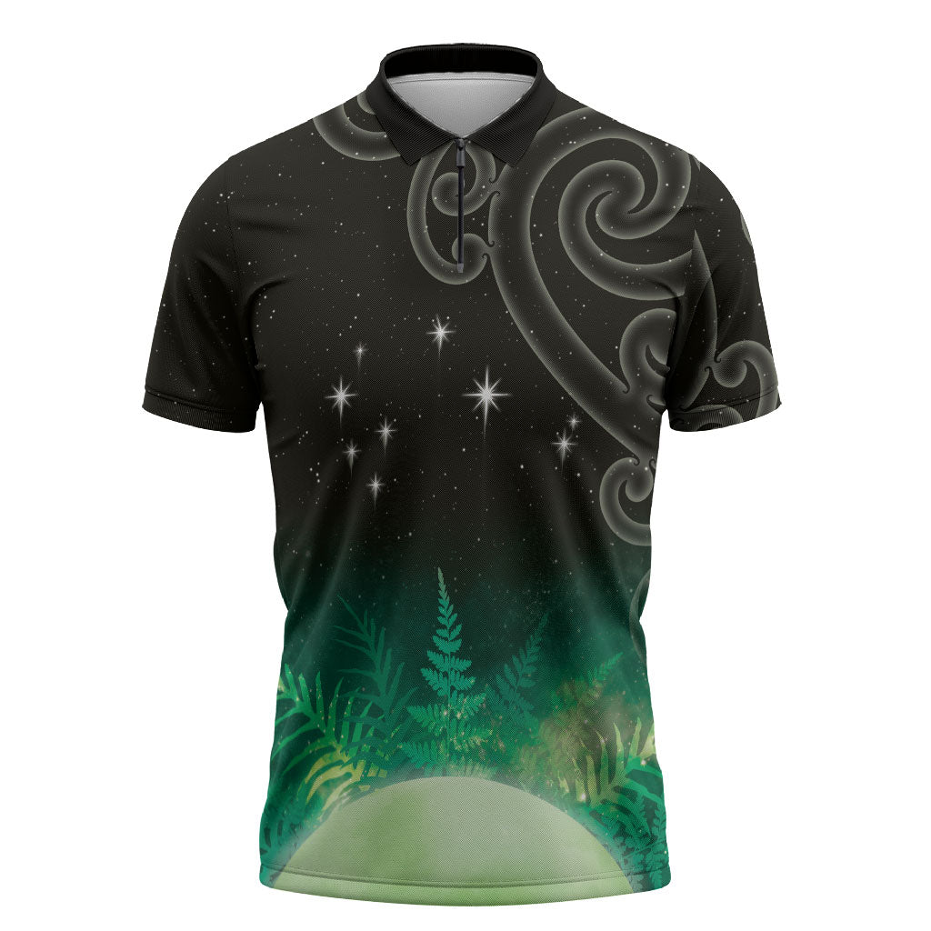New Zealand Matariki Zipper Polo Shirt Pleiades Star Cluster Green Galaxy