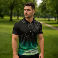New Zealand Matariki Zipper Polo Shirt Pleiades Star Cluster Green Galaxy