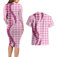 Pink Hawaii Palaka Couples Matching Long Sleeve Bodycon Dress and Hawaiian Shirt Hawaiian Honohono Lei
