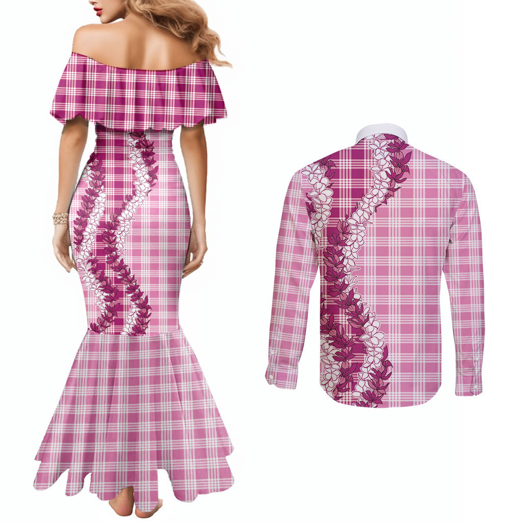 Pink Hawaii Palaka Couples Matching Mermaid Dress and Long Sleeve Button Shirt Hawaiian Honohono Lei