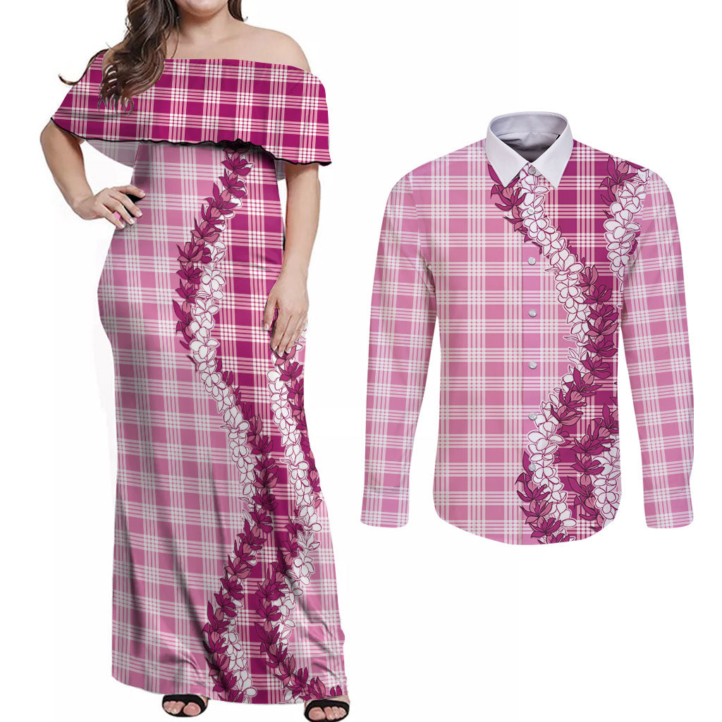 Pink Hawaii Palaka Couples Matching Off Shoulder Maxi Dress and Long Sleeve Button Shirt Hawaiian Honohono Lei