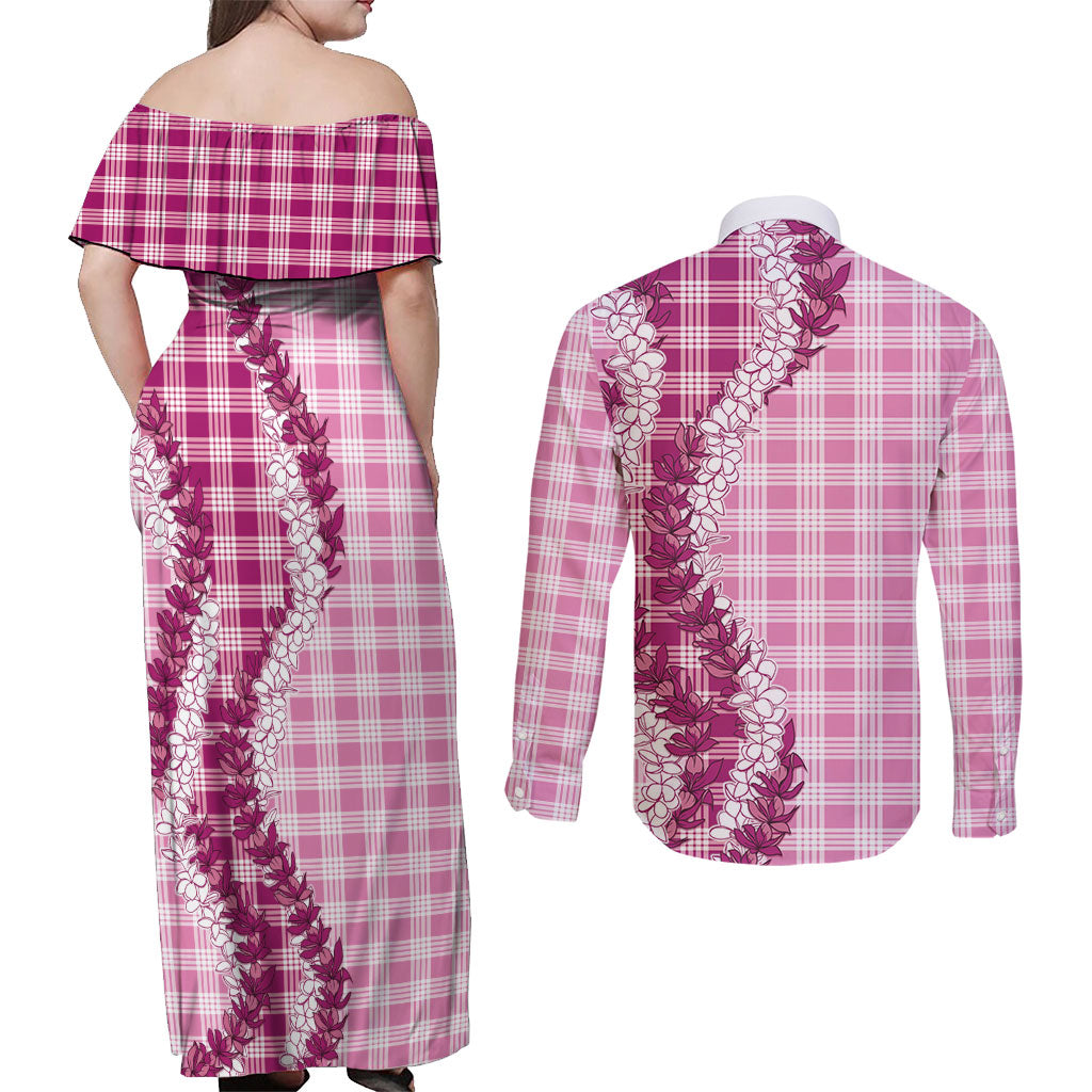 Pink Hawaii Palaka Couples Matching Off Shoulder Maxi Dress and Long Sleeve Button Shirt Hawaiian Honohono Lei