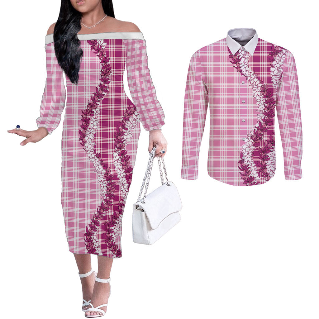 Pink Hawaii Palaka Couples Matching Off The Shoulder Long Sleeve Dress and Long Sleeve Button Shirt Hawaiian Honohono Lei