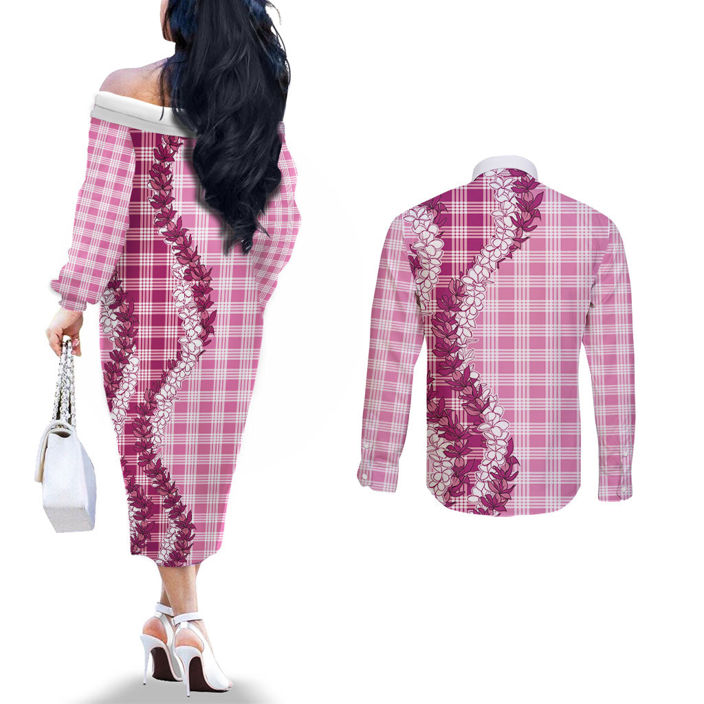 Pink Hawaii Palaka Couples Matching Off The Shoulder Long Sleeve Dress and Long Sleeve Button Shirt Hawaiian Honohono Lei