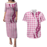 Pink Hawaii Palaka Couples Matching Puletasi and Hawaiian Shirt Hawaiian Honohono Lei