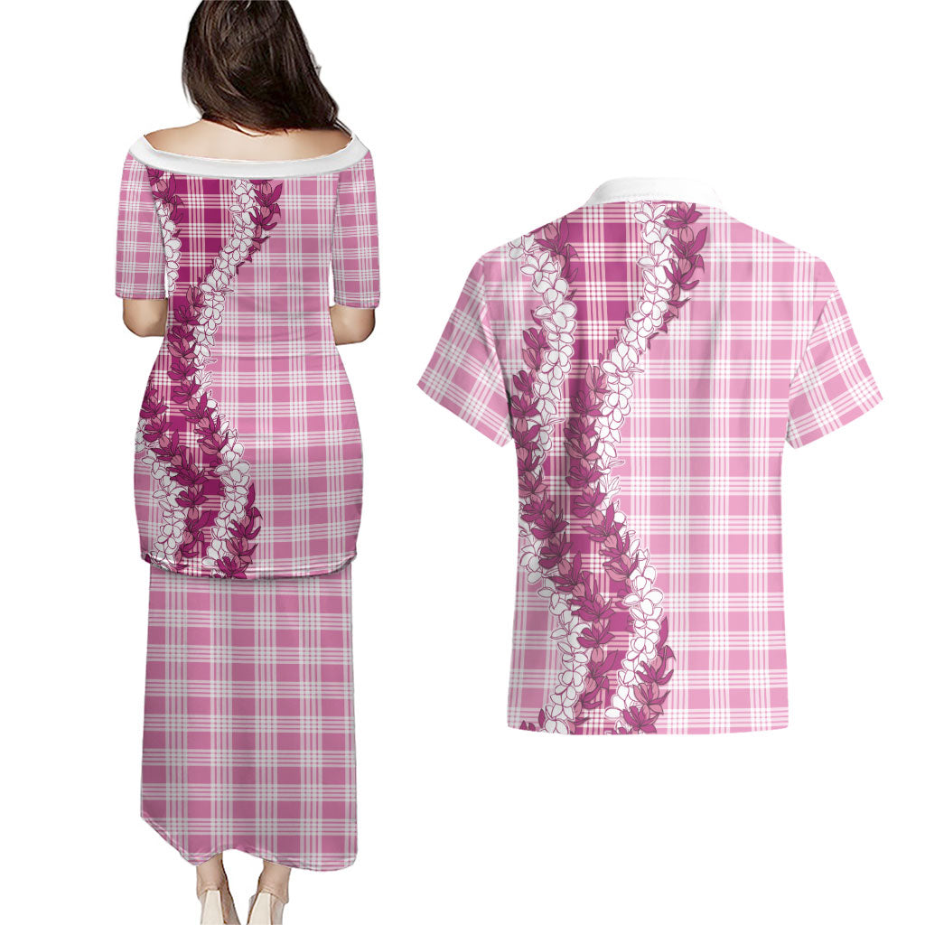 Pink Hawaii Palaka Couples Matching Puletasi and Hawaiian Shirt Hawaiian Honohono Lei