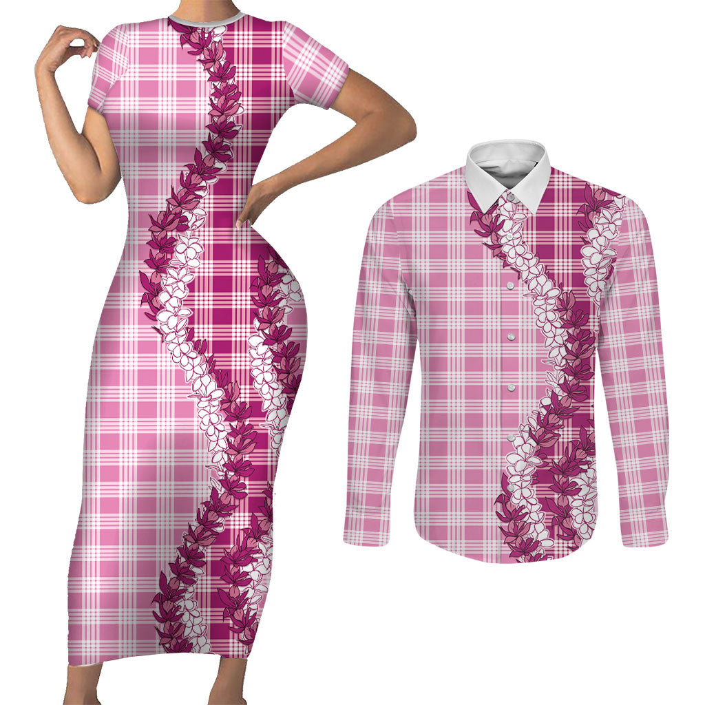 Pink Hawaii Palaka Couples Matching Short Sleeve Bodycon Dress and Long Sleeve Button Shirt Hawaiian Honohono Lei