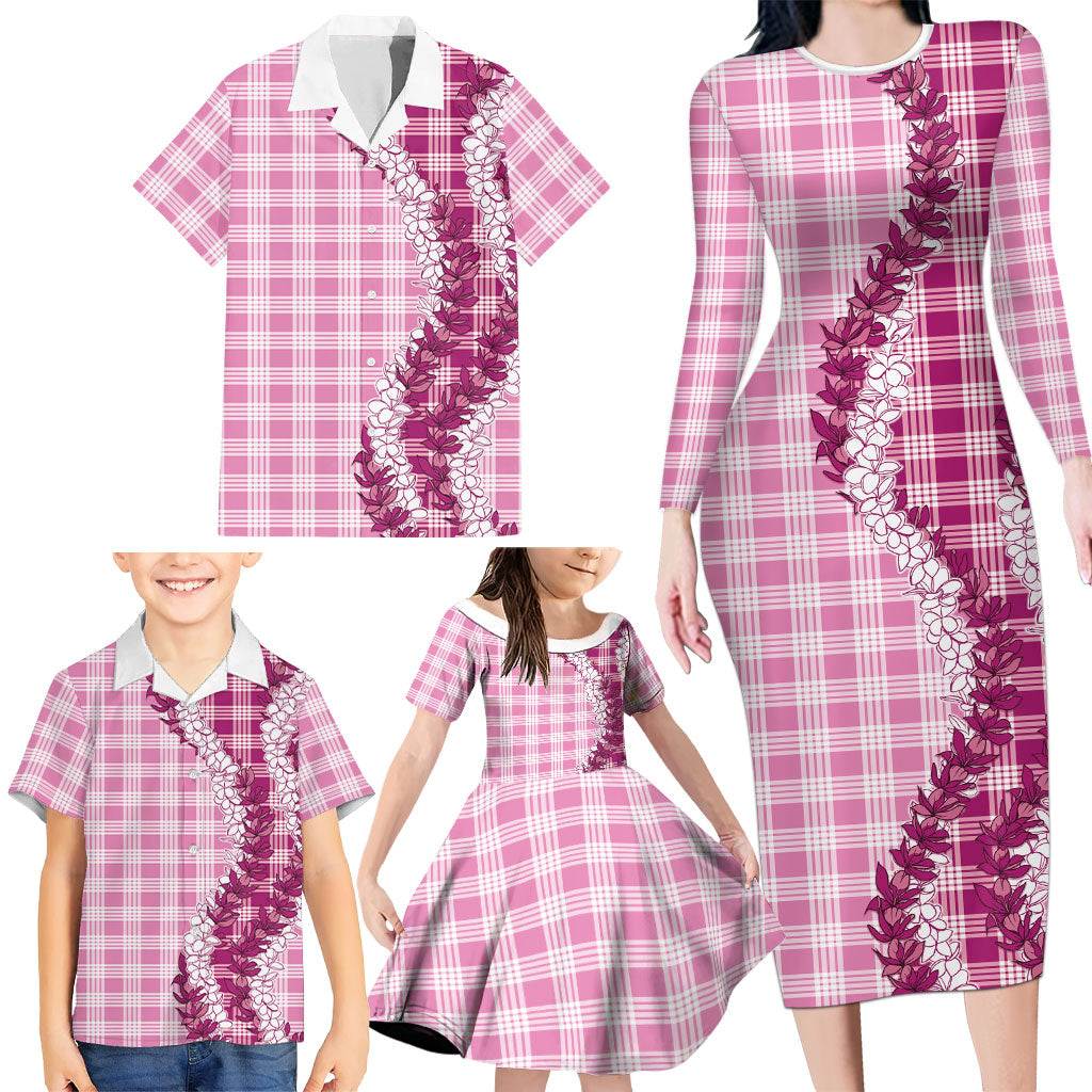 Pink Hawaii Palaka Family Matching Long Sleeve Bodycon Dress and Hawaiian Shirt Hawaiian Honohono Lei