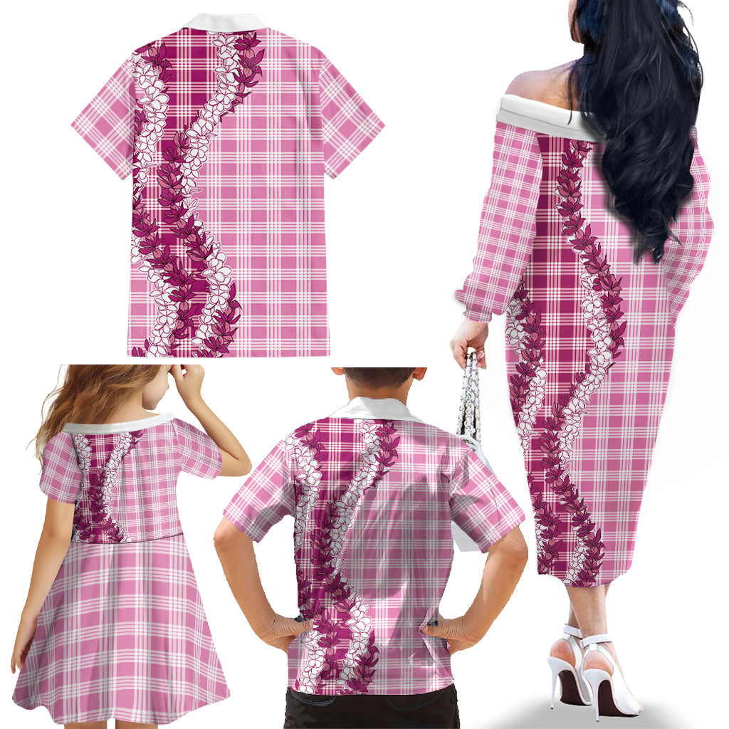 Pink Hawaii Palaka Family Matching Off The Shoulder Long Sleeve Dress and Hawaiian Shirt Hawaiian Honohono Lei