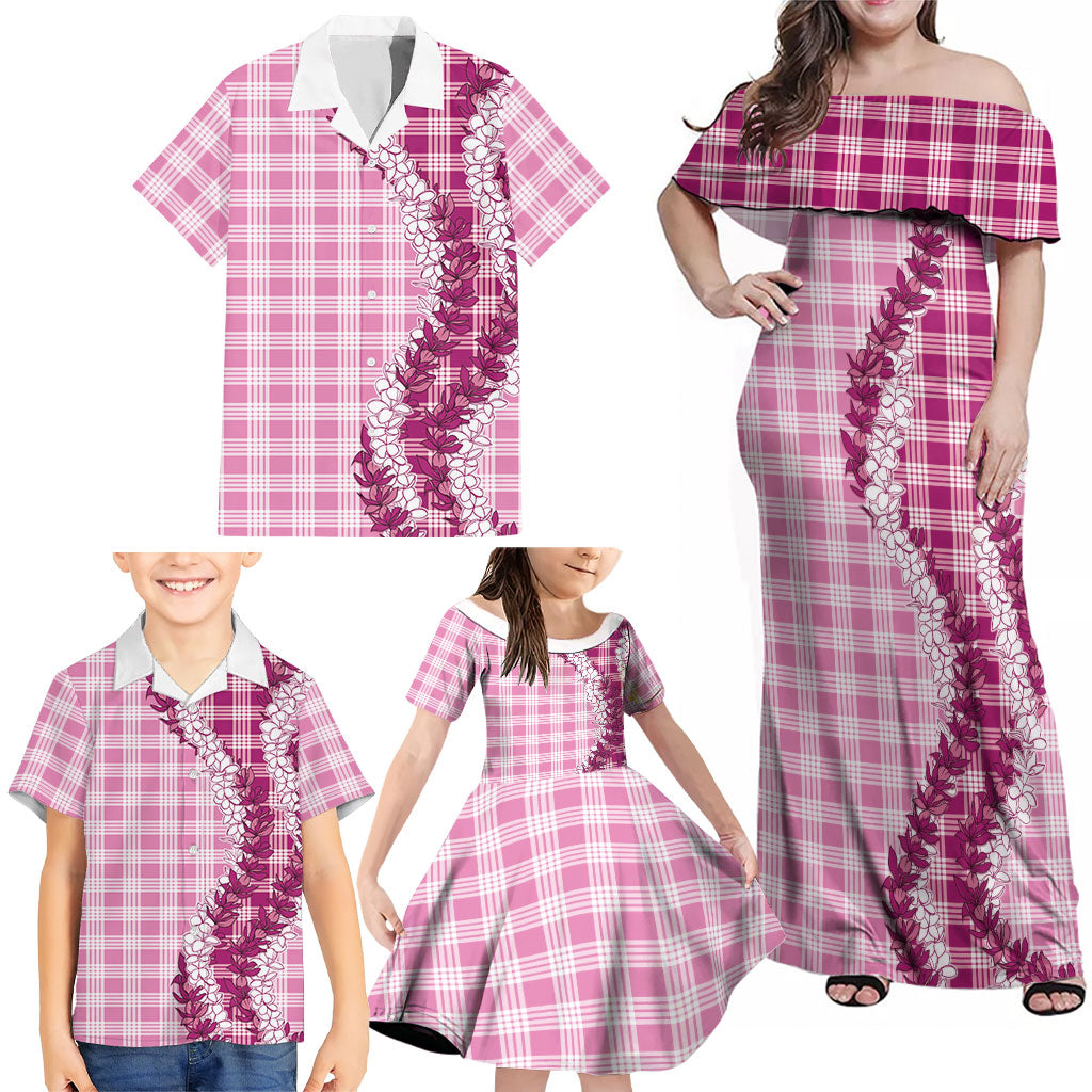 Pink Hawaii Palaka Family Matching Off Shoulder Maxi Dress and Hawaiian Shirt Hawaiian Honohono Lei