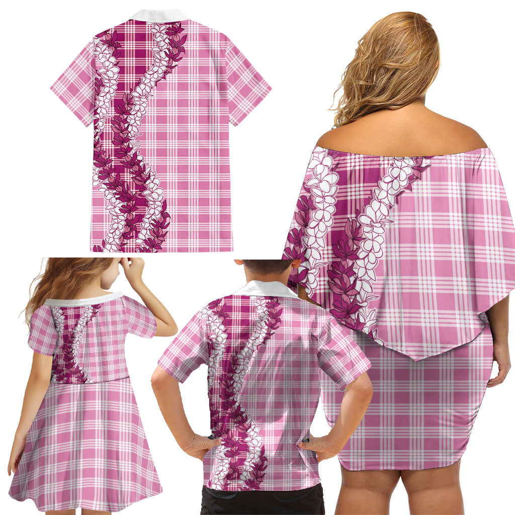 Pink Hawaii Palaka Family Matching Off Shoulder Short Dress and Hawaiian Shirt Hawaiian Honohono Lei