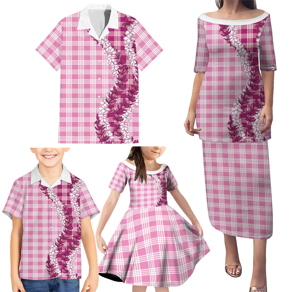 Pink Hawaii Palaka Family Matching Puletasi and Hawaiian Shirt Hawaiian Honohono Lei