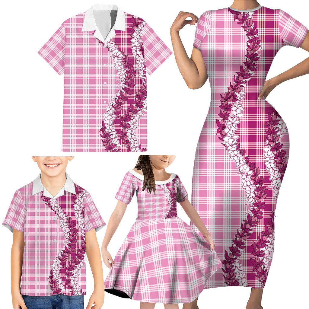 Pink Hawaii Palaka Family Matching Short Sleeve Bodycon Dress and Hawaiian Shirt Hawaiian Honohono Lei