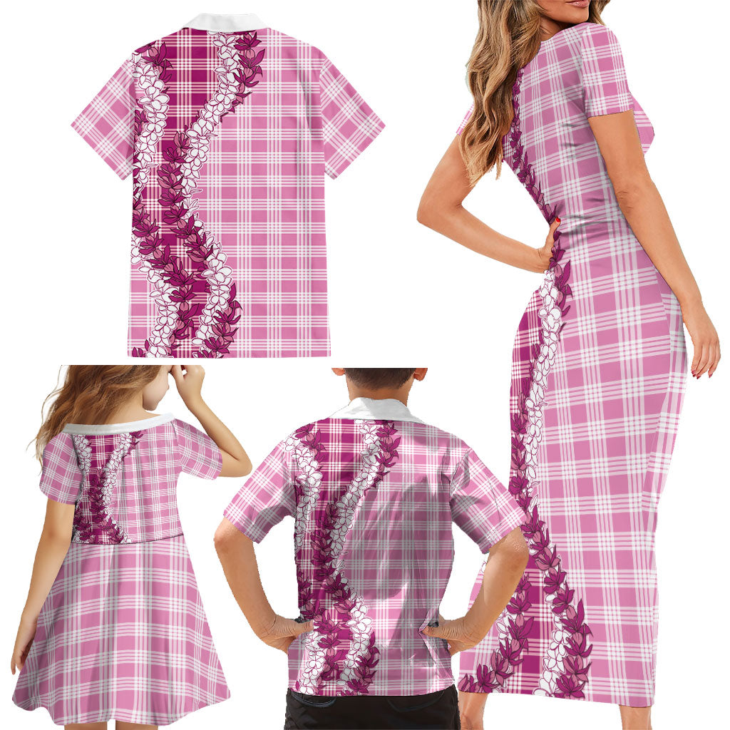 Pink Hawaii Palaka Family Matching Short Sleeve Bodycon Dress and Hawaiian Shirt Hawaiian Honohono Lei