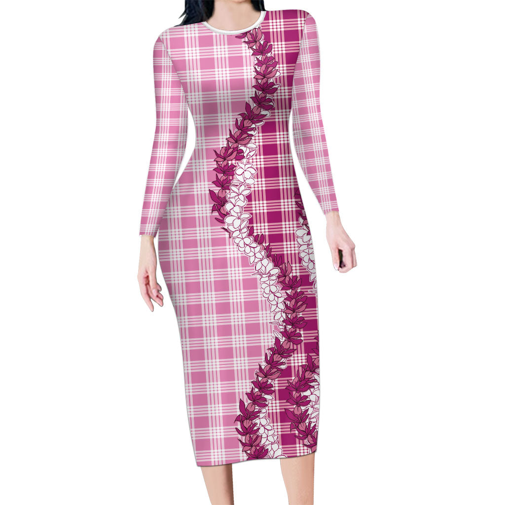 Pink Hawaii Palaka Long Sleeve Bodycon Dress Hawaiian Honohono Lei