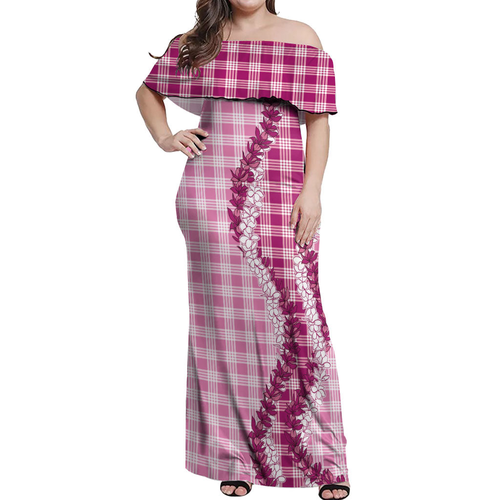 Pink Hawaii Palaka Off Shoulder Maxi Dress Hawaiian Honohono Lei