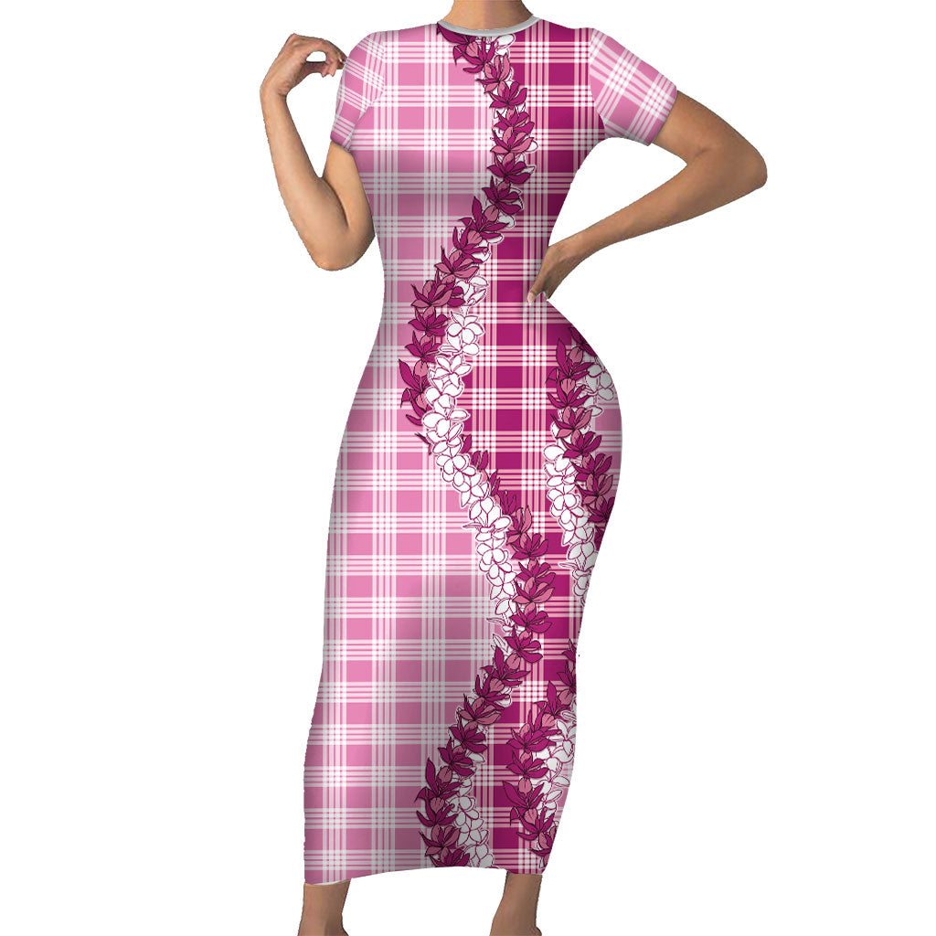 Pink Hawaii Palaka Short Sleeve Bodycon Dress Hawaiian Honohono Lei