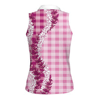 Pink Hawaii Palaka Women Sleeveless Polo Shirt Hawaiian Honohono Lei