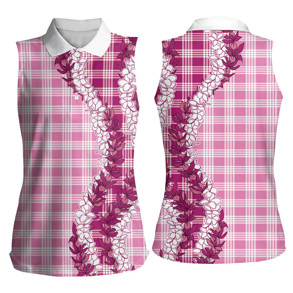Pink Hawaii Palaka Women Sleeveless Polo Shirt Hawaiian Honohono Lei