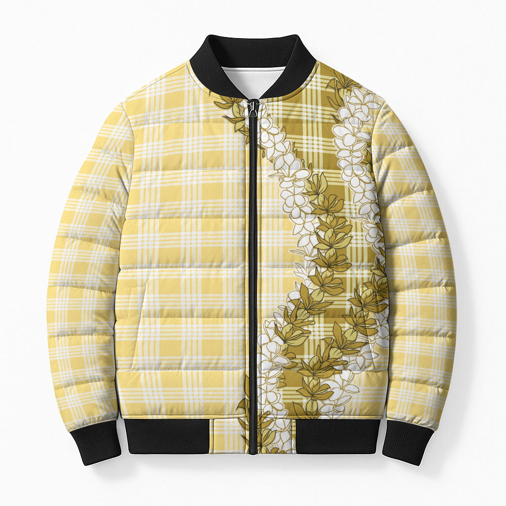 Yellow Hawaii Palaka Bomber Puffer Jacket Hawaiian Honohono Lei