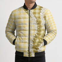 Yellow Hawaii Palaka Bomber Puffer Jacket Hawaiian Honohono Lei