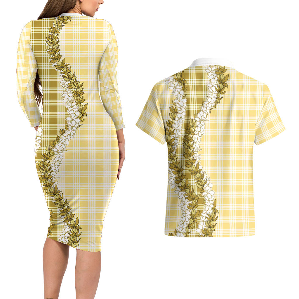 Yellow Hawaii Palaka Couples Matching Long Sleeve Bodycon Dress and Hawaiian Shirt Hawaiian Honohono Lei