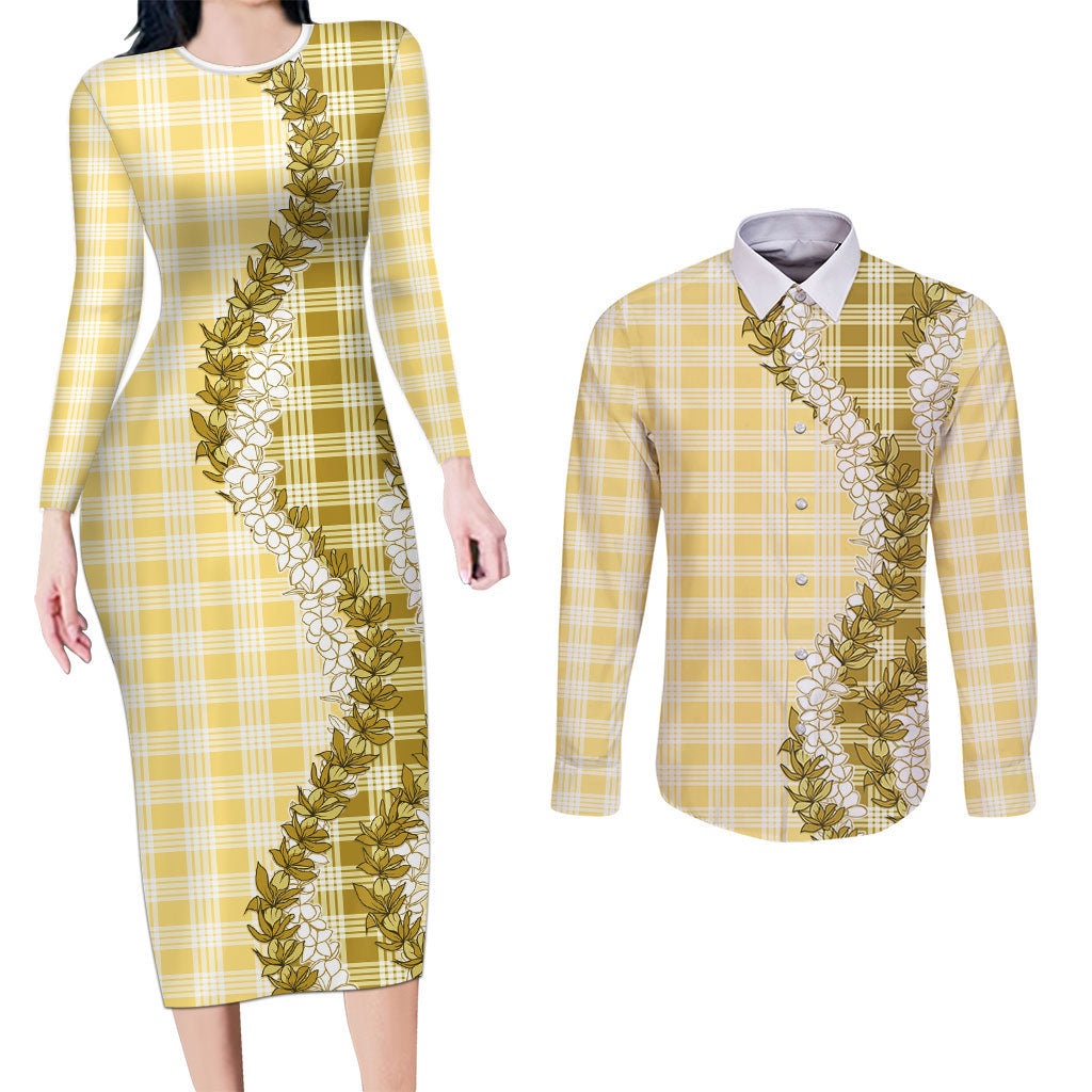Yellow Hawaii Palaka Couples Matching Long Sleeve Bodycon Dress and Long Sleeve Button Shirt Hawaiian Honohono Lei