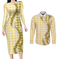 Yellow Hawaii Palaka Couples Matching Long Sleeve Bodycon Dress and Long Sleeve Button Shirt Hawaiian Honohono Lei