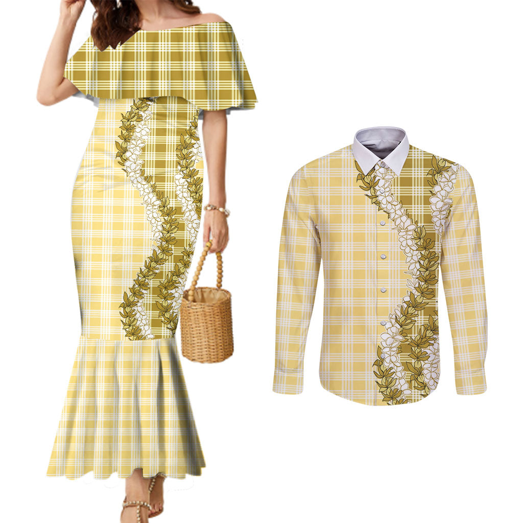 Yellow Hawaii Palaka Couples Matching Mermaid Dress and Long Sleeve Button Shirt Hawaiian Honohono Lei